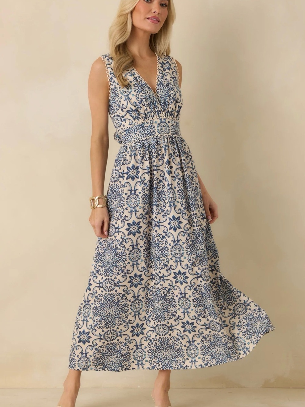 Dress Forum Blue Tile Print Linen Blend Sleeveless Maxi Dress Size Small